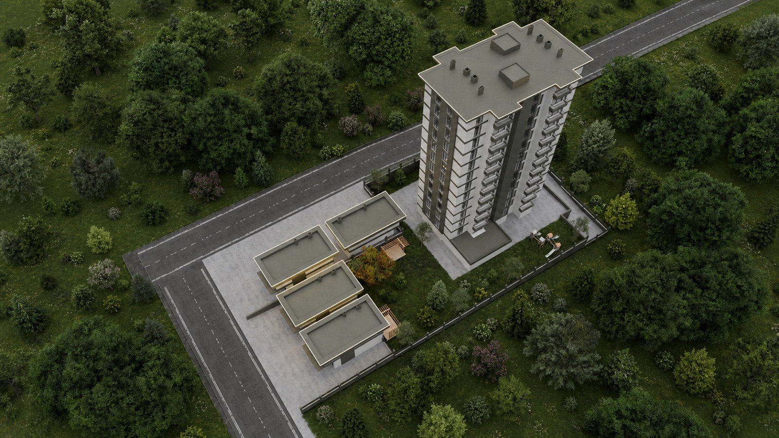 ARIA projesi kuşbakışı görünüm: kule, villalar, peyzaj ve çocuk parkı